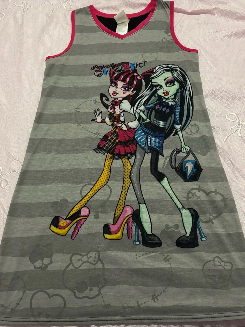 Girls' Monster High Print Grey Striped Tank Nightgown Dress with Pink Trim